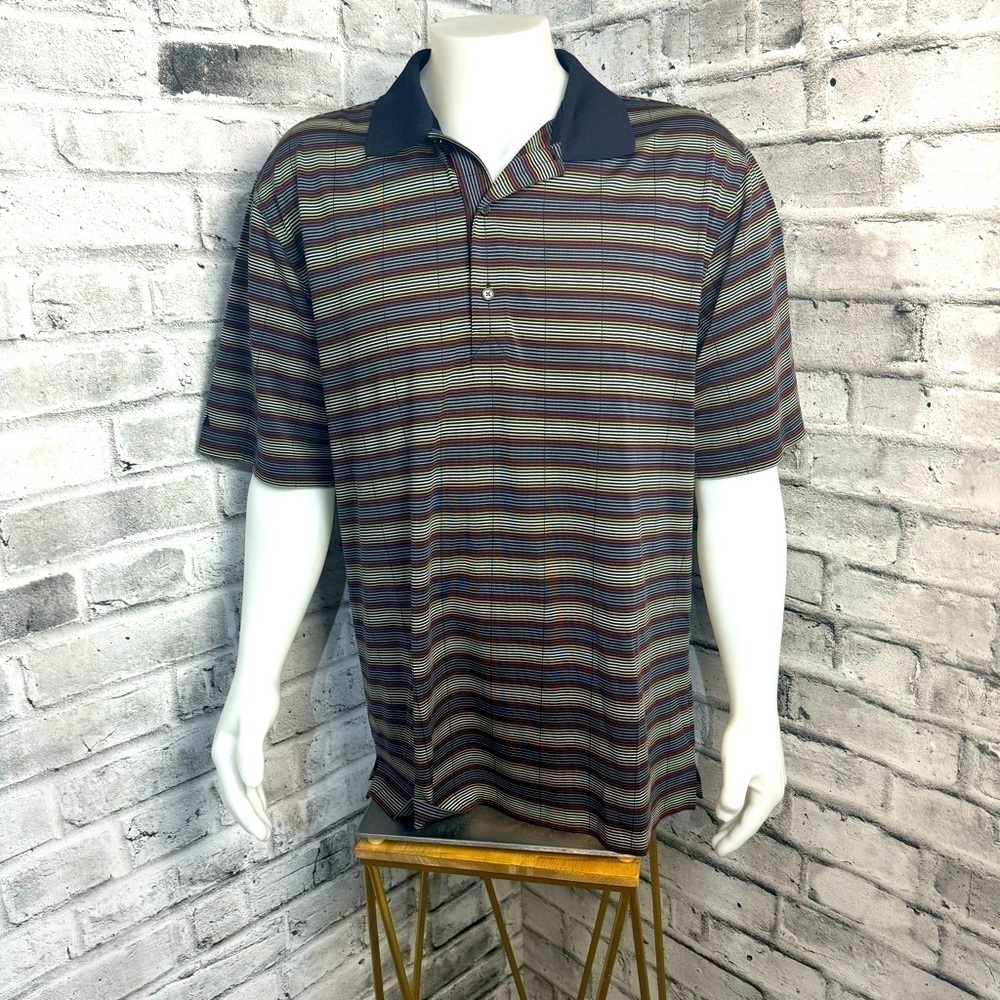 Greg Norman Golf Polo Shirt Mens XL Black Red Yellow Striped Play Dry Outdoors